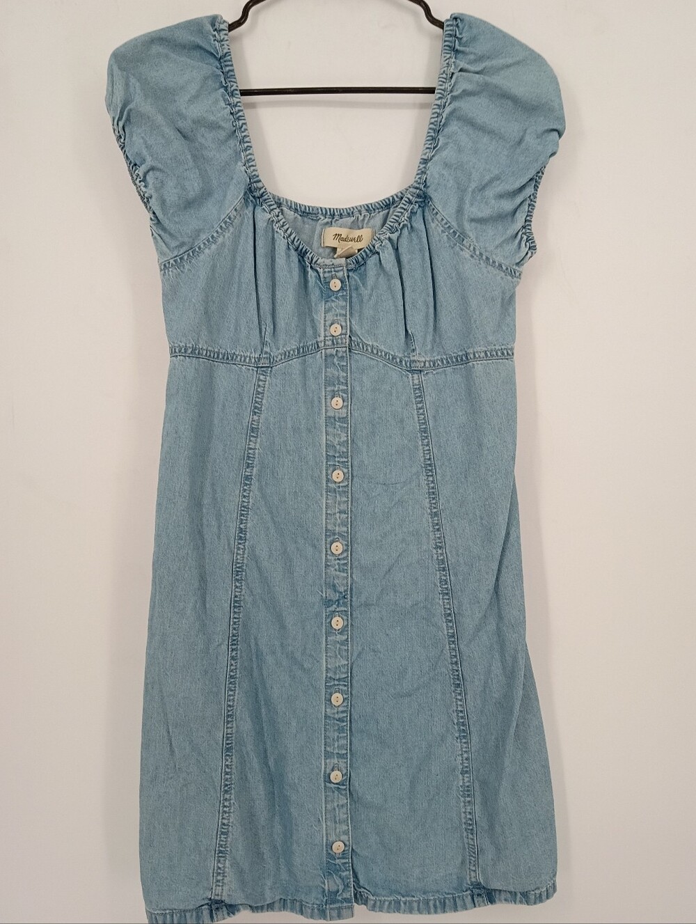 Madewell Light Blue Cotton Denim Mini Dress with Elastic Sweetheart Neckline